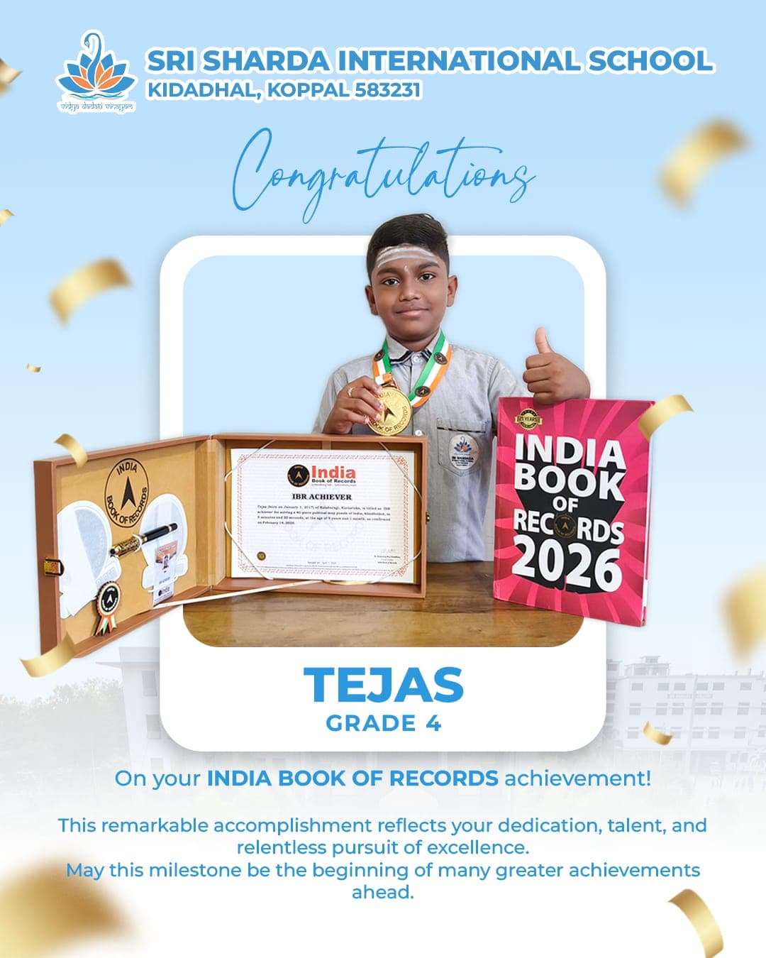 Tejas of Grade 4 with his India Book of Records medal and certificate